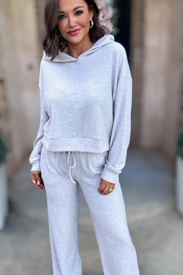 Ribbed Heather Grey Crop Hoodie Pullover