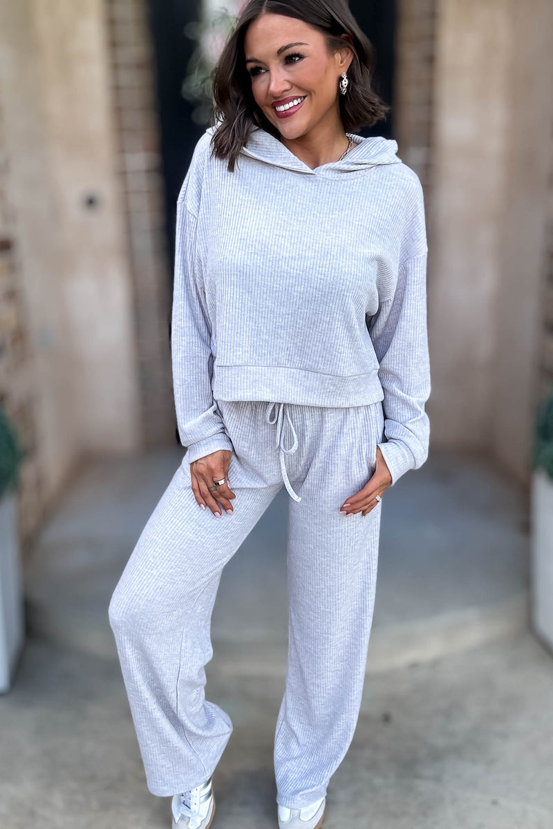 Ribbed Heather Grey Crop Hoodie Pullover