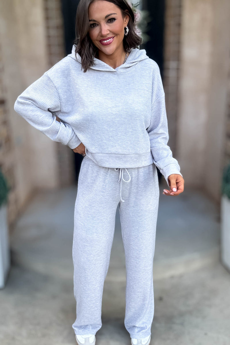 Ribbed Heather Grey Crop Hoodie Pullover