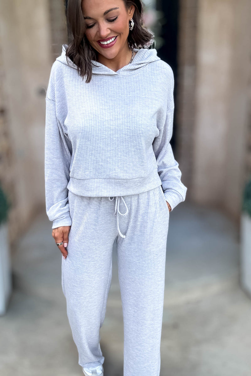 Ribbed Heather Grey Crop Hoodie Pullover