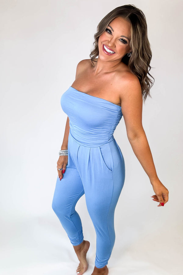 Open Arms New Cool Blue Tube Top Jumpsuit