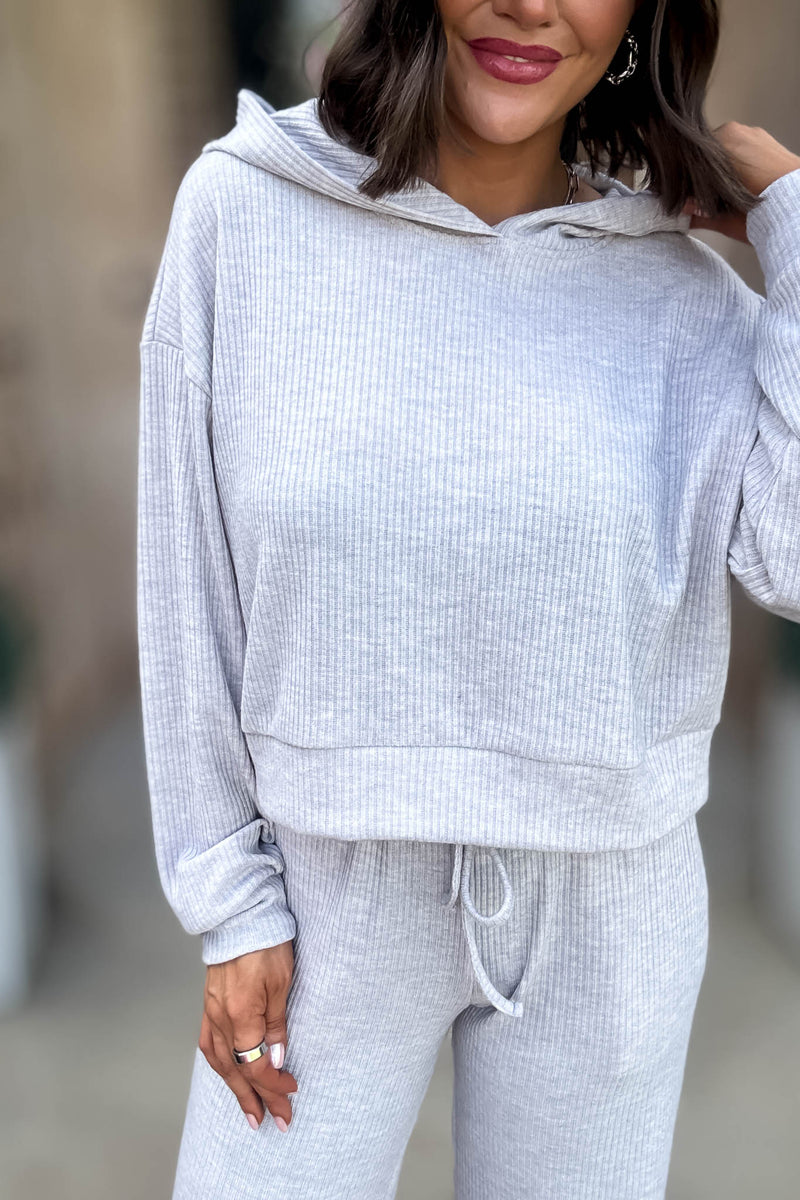 Ribbed Heather Grey Crop Hoodie Pullover