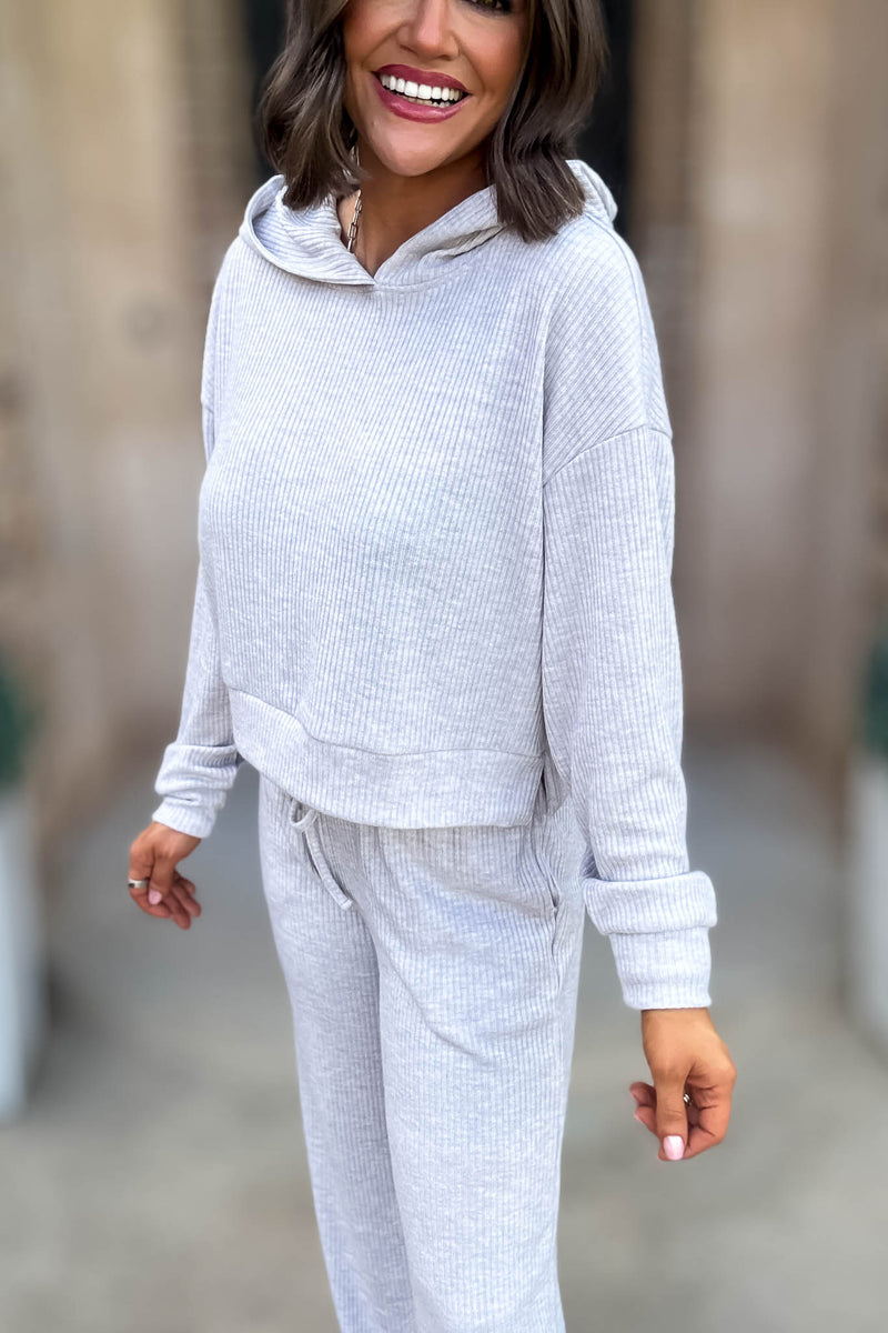 Ribbed Heather Grey Crop Hoodie Pullover