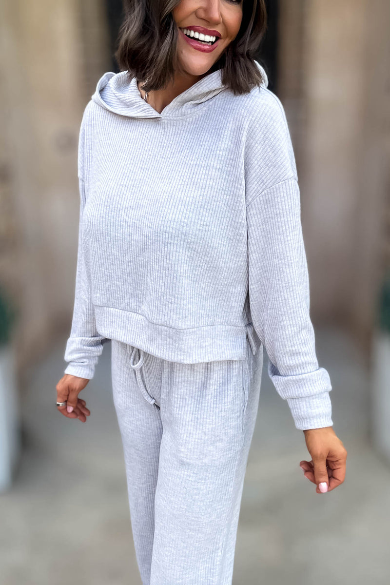 Ribbed Heather Grey Crop Hoodie Pullover