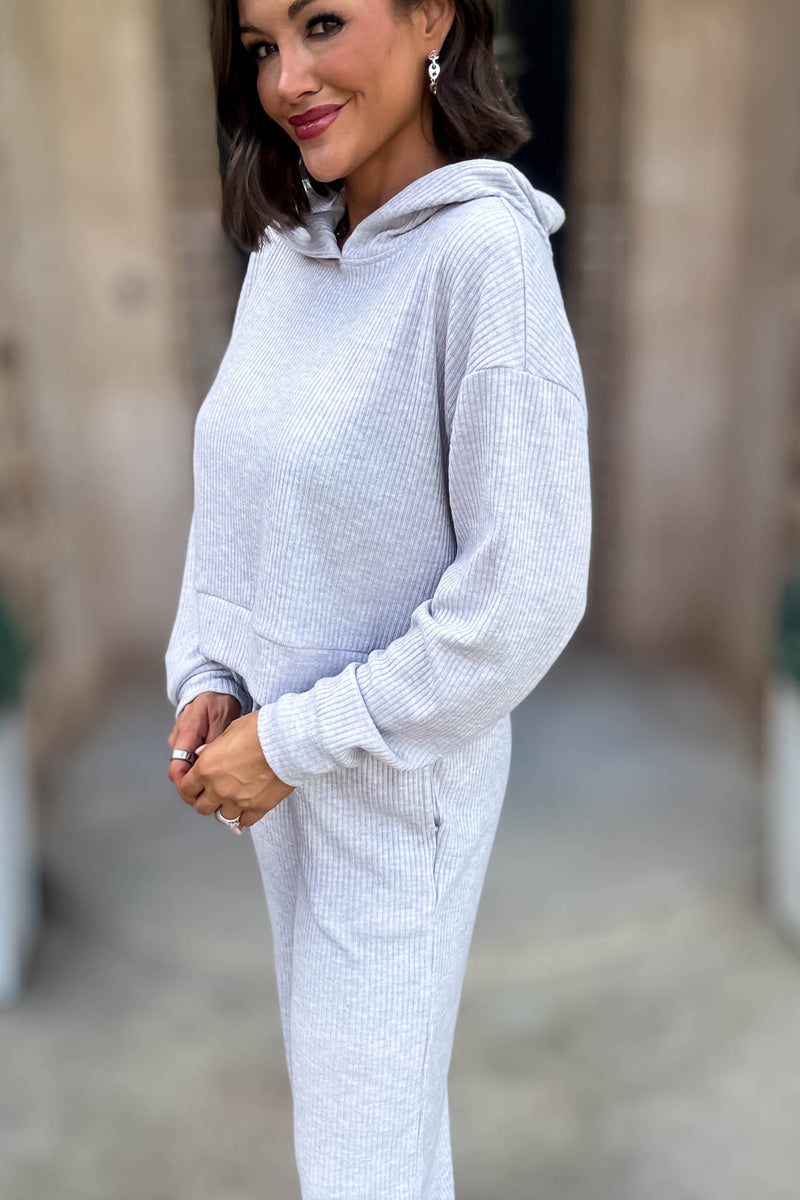 Ribbed Heather Grey Crop Hoodie Pullover