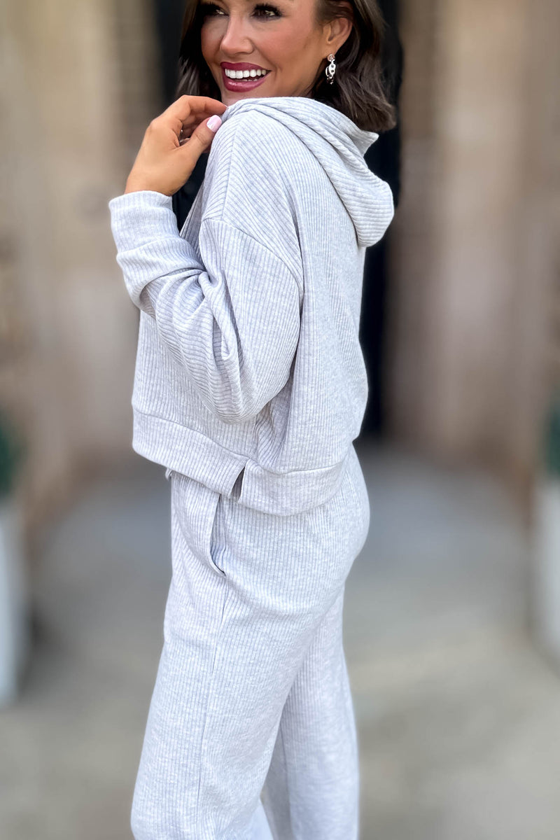 Ribbed Heather Grey Crop Hoodie Pullover