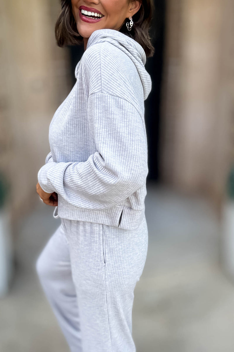 Ribbed Heather Grey Crop Hoodie Pullover