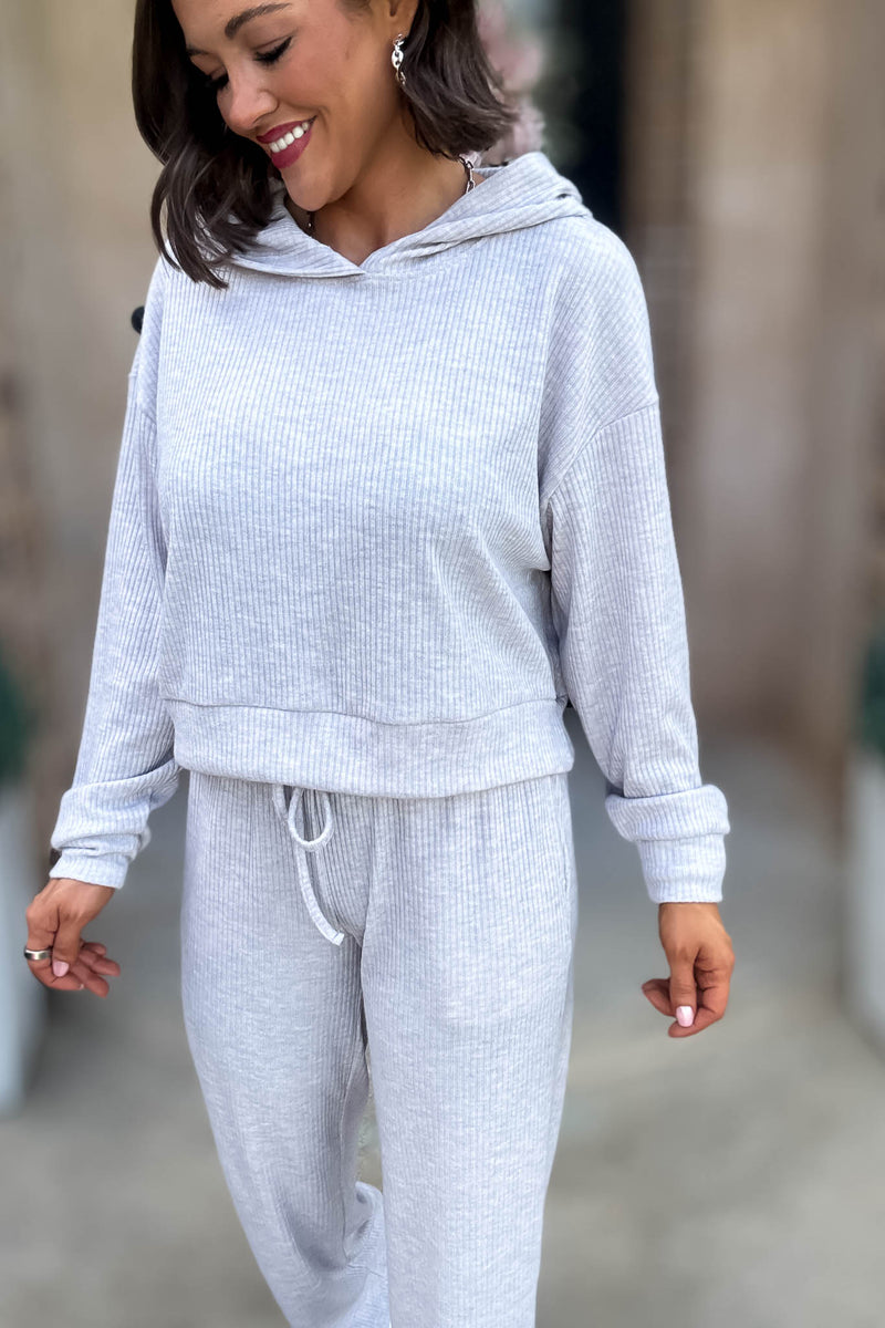 Ribbed Heather Grey Crop Hoodie Pullover