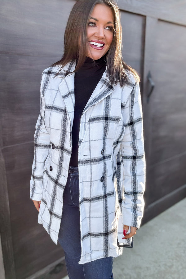 Casual Elegance Plaid Off White Belted Coat