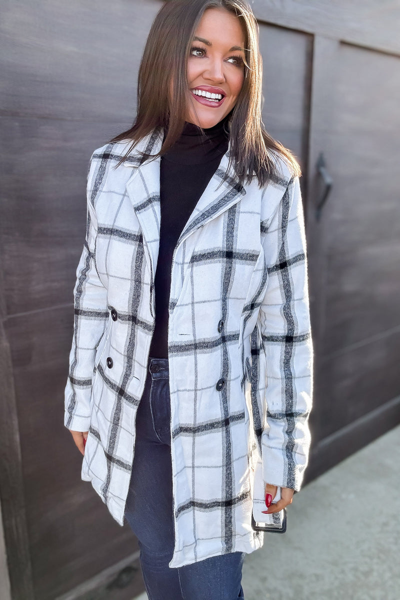 Casual Elegance Plaid Off White Belted Coat
