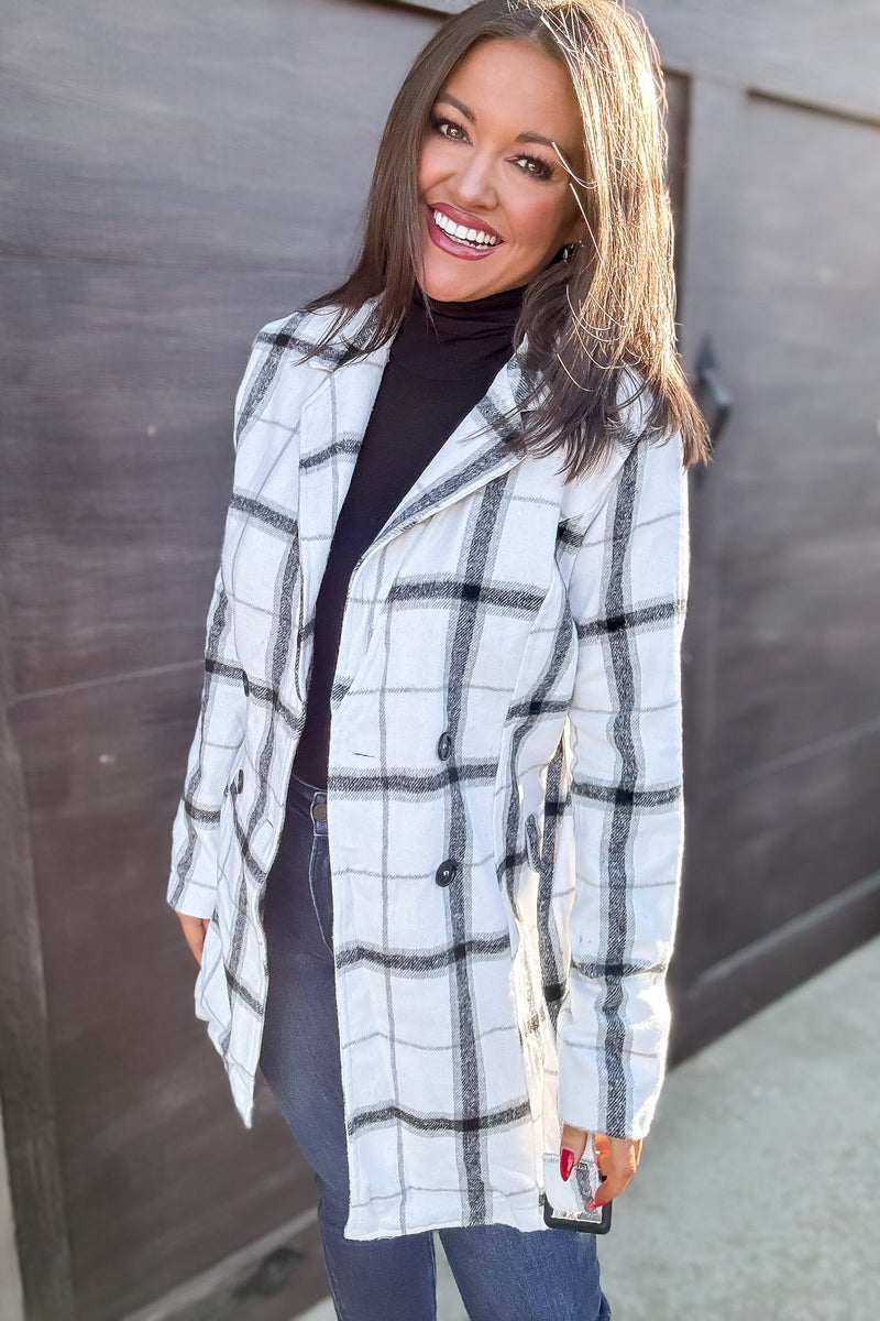 Casual Elegance Plaid Off White Belted Coat