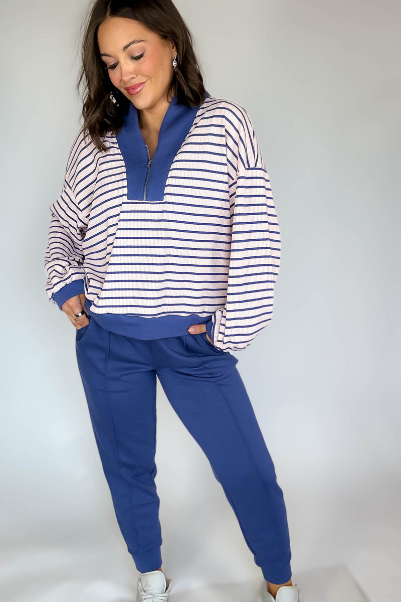 Bucketlist Blue And Pink Half Zip-up Stripe Print Pullover Top