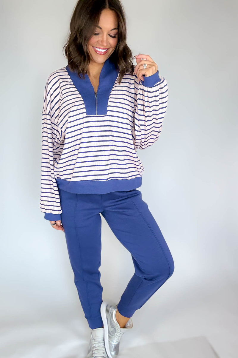 Bucketlist Blue And Pink Half Zip-up Stripe Print Pullover Top