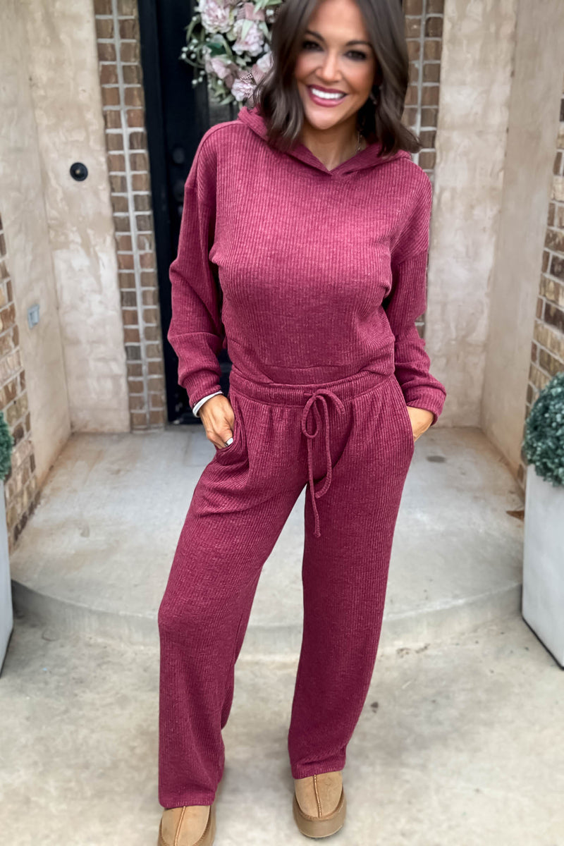 Ribbed Cabernet Crop Hoodie Pullover