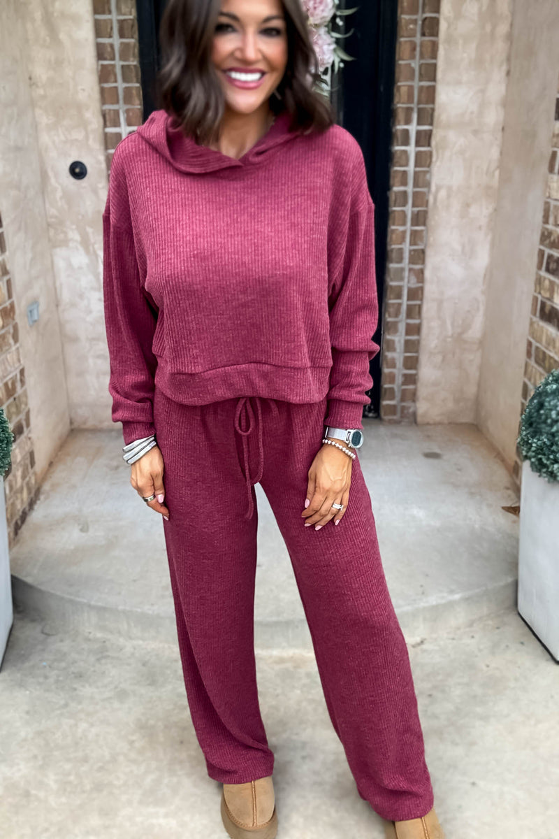 Ribbed Cabernet Crop Hoodie Pullover