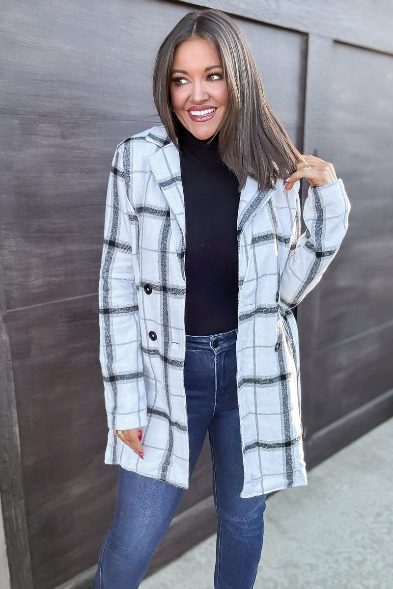 Casual Elegance Plaid Off White Belted Coat