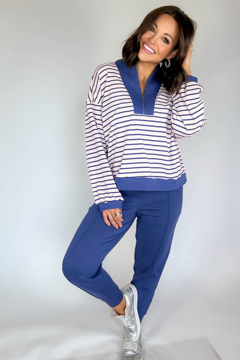 Bucketlist Blue And Pink Half Zip-up Stripe Print Pullover Top