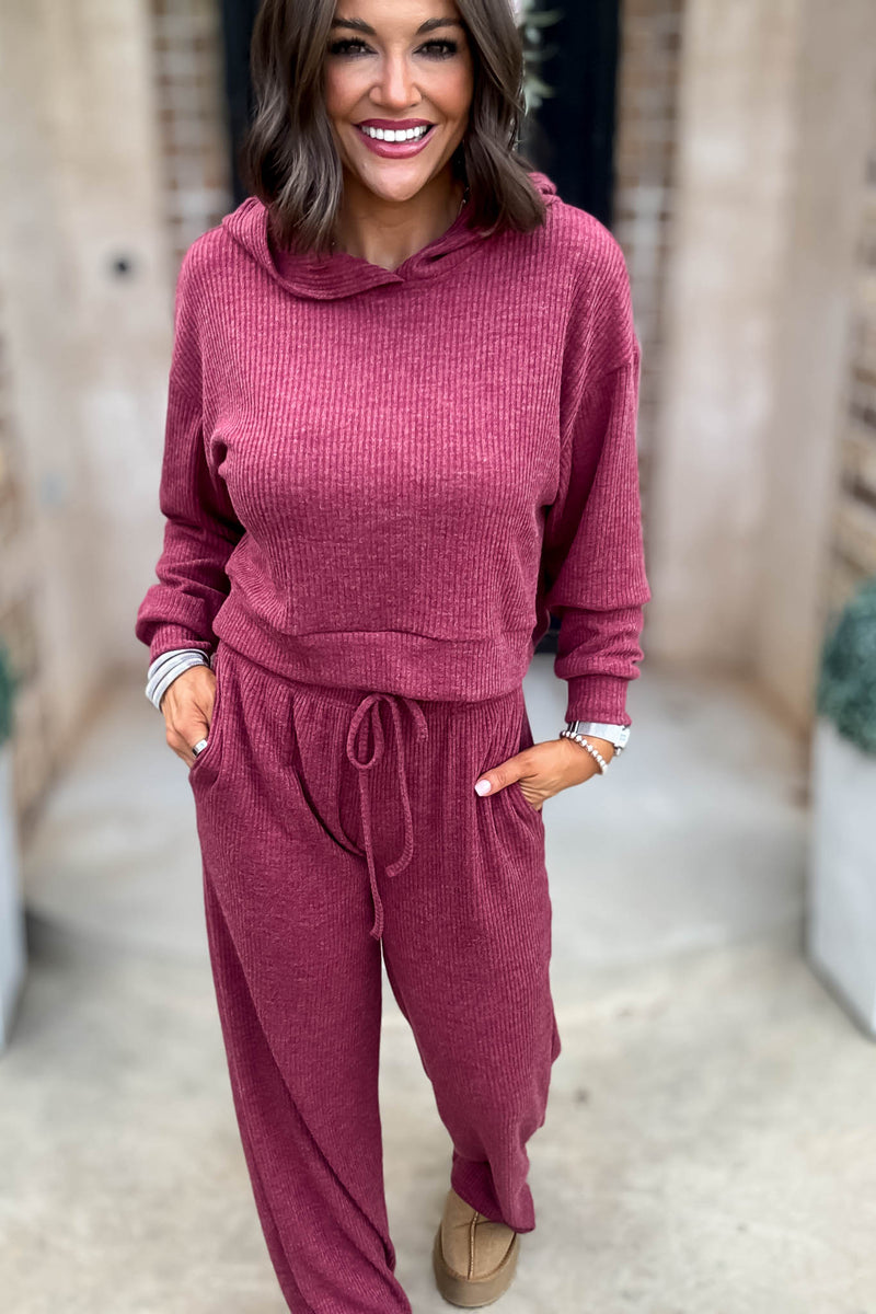 Ribbed Cabernet Crop Hoodie Pullover