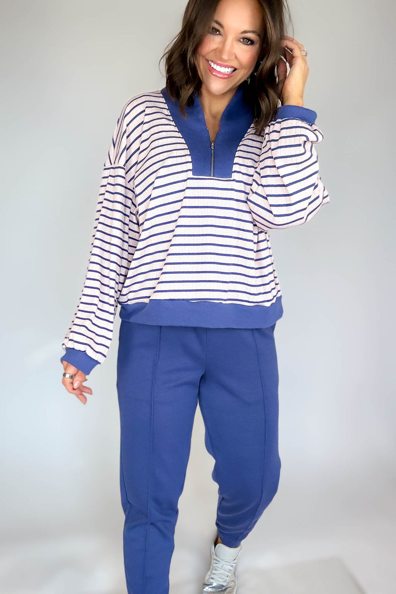 Bucketlist Blue And Pink Half Zip-up Stripe Print Pullover Top