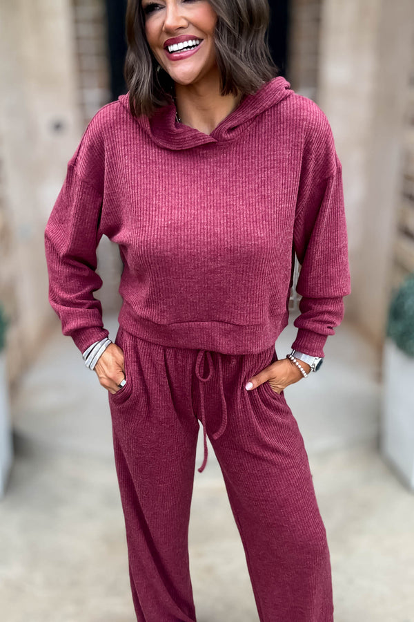 Ribbed Cabernet Crop Hoodie Pullover