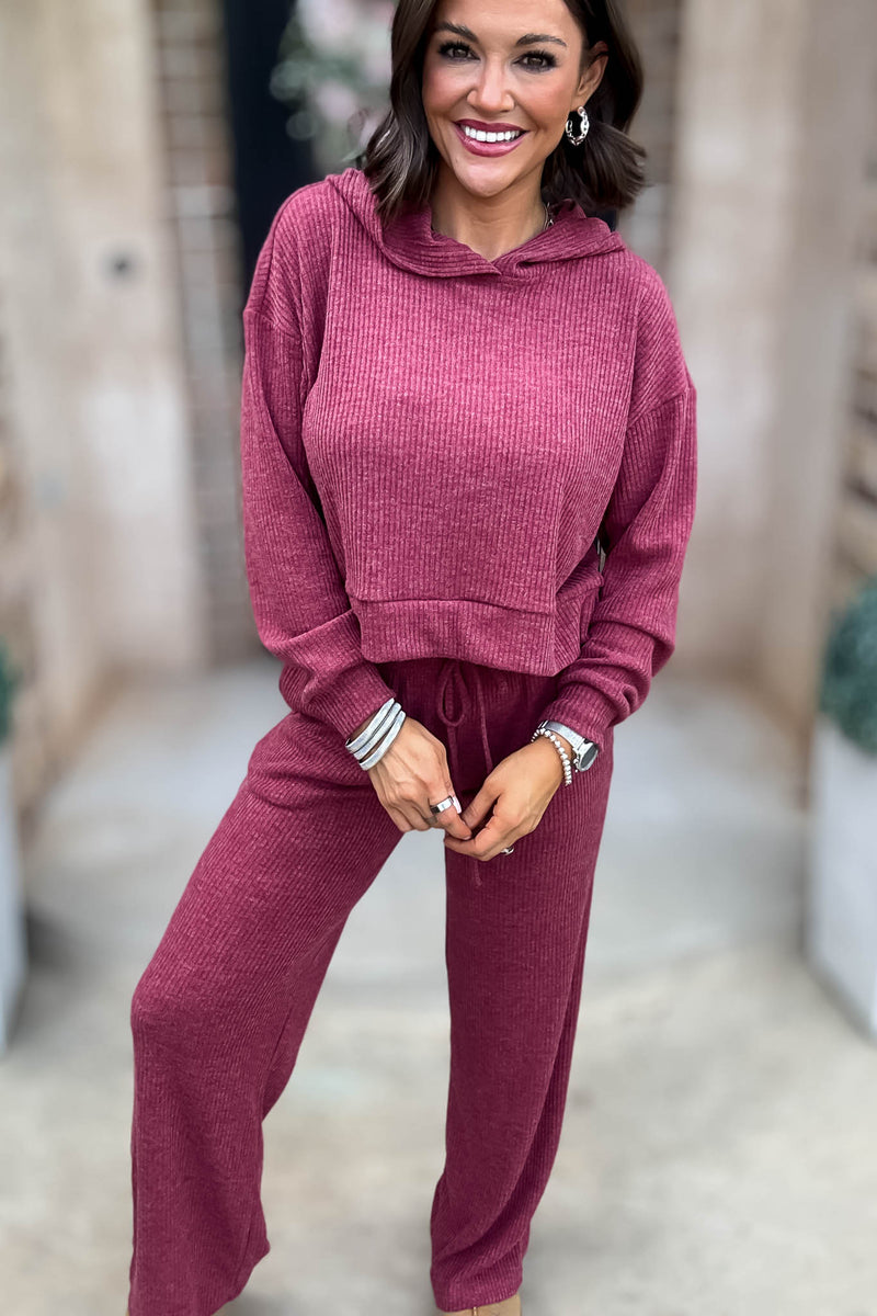 Ribbed Cabernet Crop Hoodie Pullover