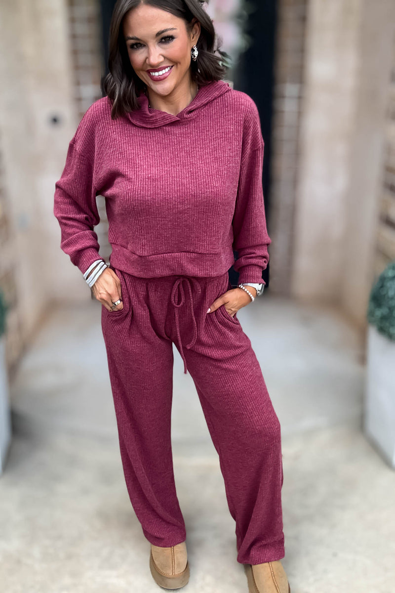 Ribbed Cabernet Crop Hoodie Pullover