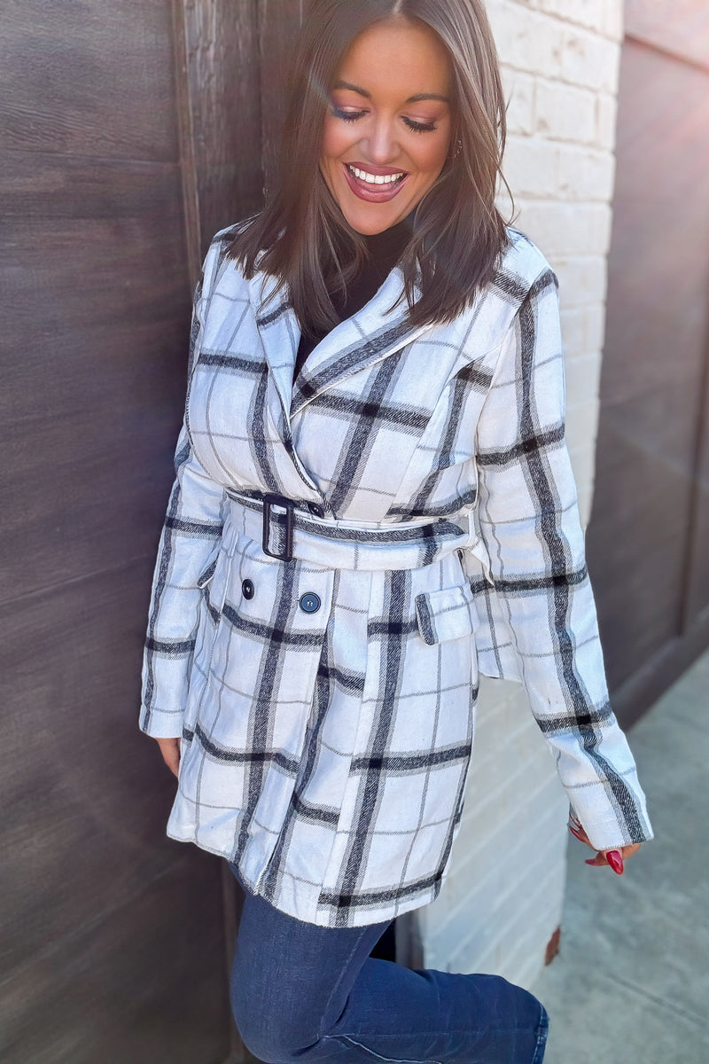 Casual Elegance Plaid Off White Belted Coat
