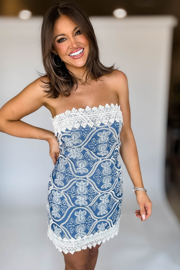 Mable Embroidered Strapless Lace Trim Mini Dress