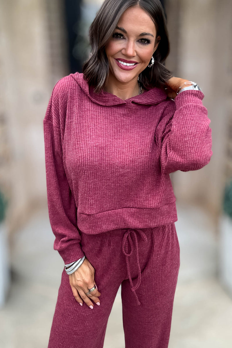 Ribbed Cabernet Crop Hoodie Pullover