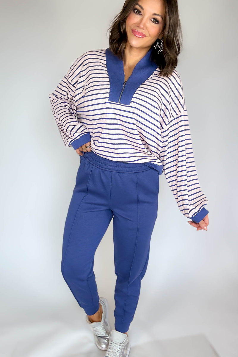 Bucketlist Blue And Pink Half Zip-up Stripe Print Pullover Top