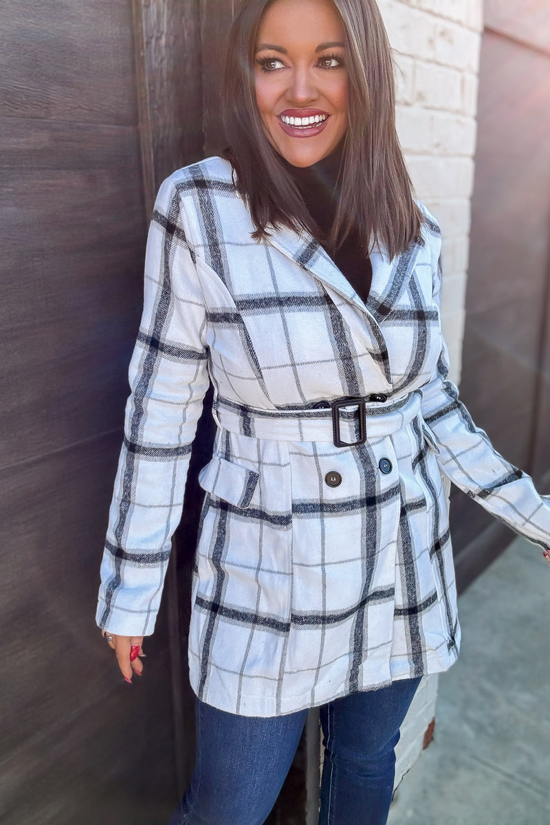 Casual Elegance Plaid Off White Belted Coat