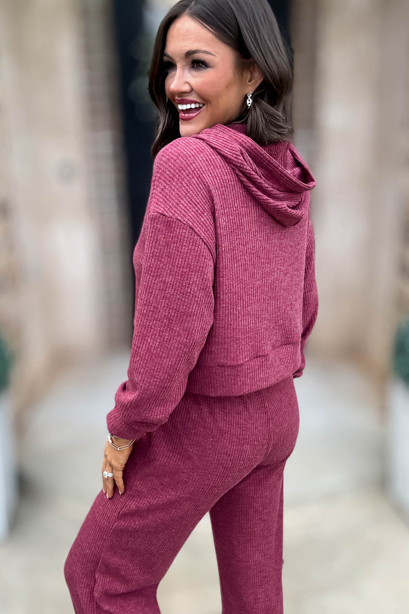 Ribbed Cabernet Crop Hoodie Pullover
