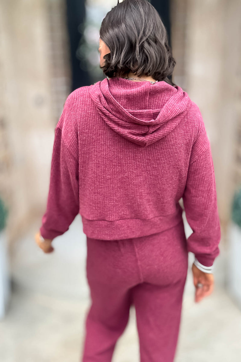 Ribbed Cabernet Crop Hoodie Pullover