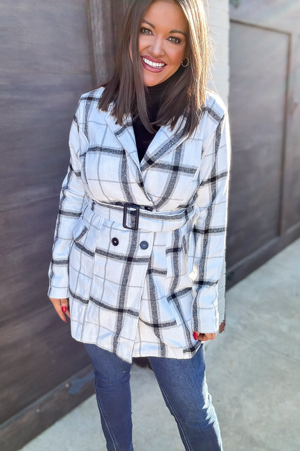 Casual Elegance Plaid Off White Belted Coat