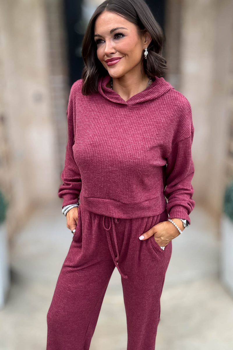 Ribbed Cabernet Crop Hoodie Pullover