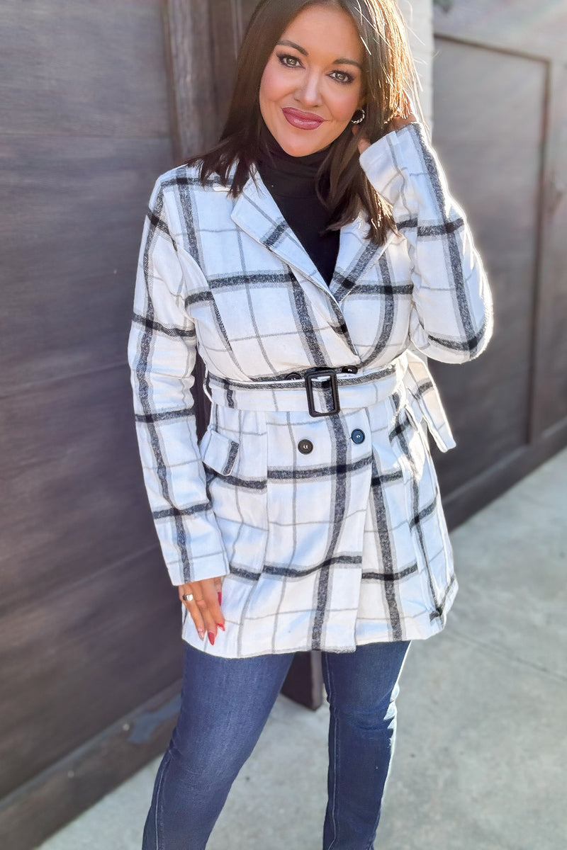 Casual Elegance Plaid Off White Belted Coat