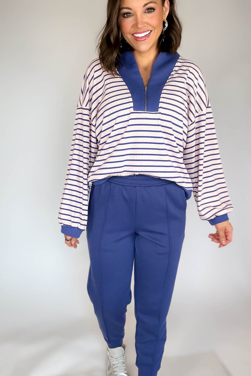 Bucketlist Blue And Pink Half Zip-up Stripe Print Pullover Top
