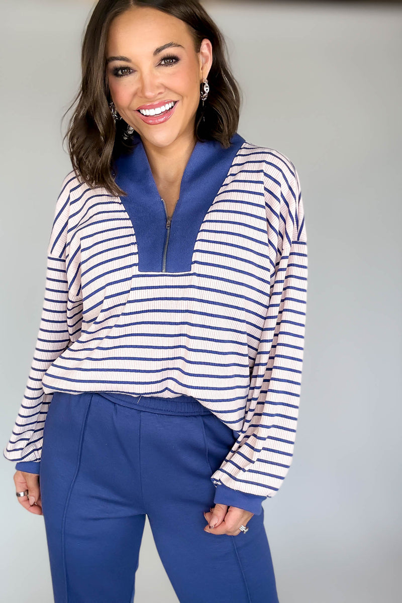 Bucketlist Blue And Pink Half Zip-up Stripe Print Pullover Top