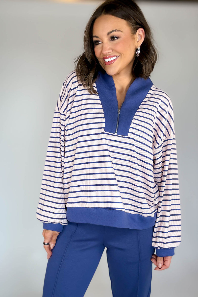 Bucketlist Blue And Pink Half Zip-up Stripe Print Pullover Top