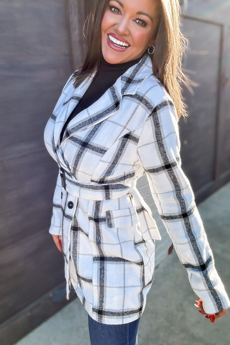 Casual Elegance Plaid Off White Belted Coat
