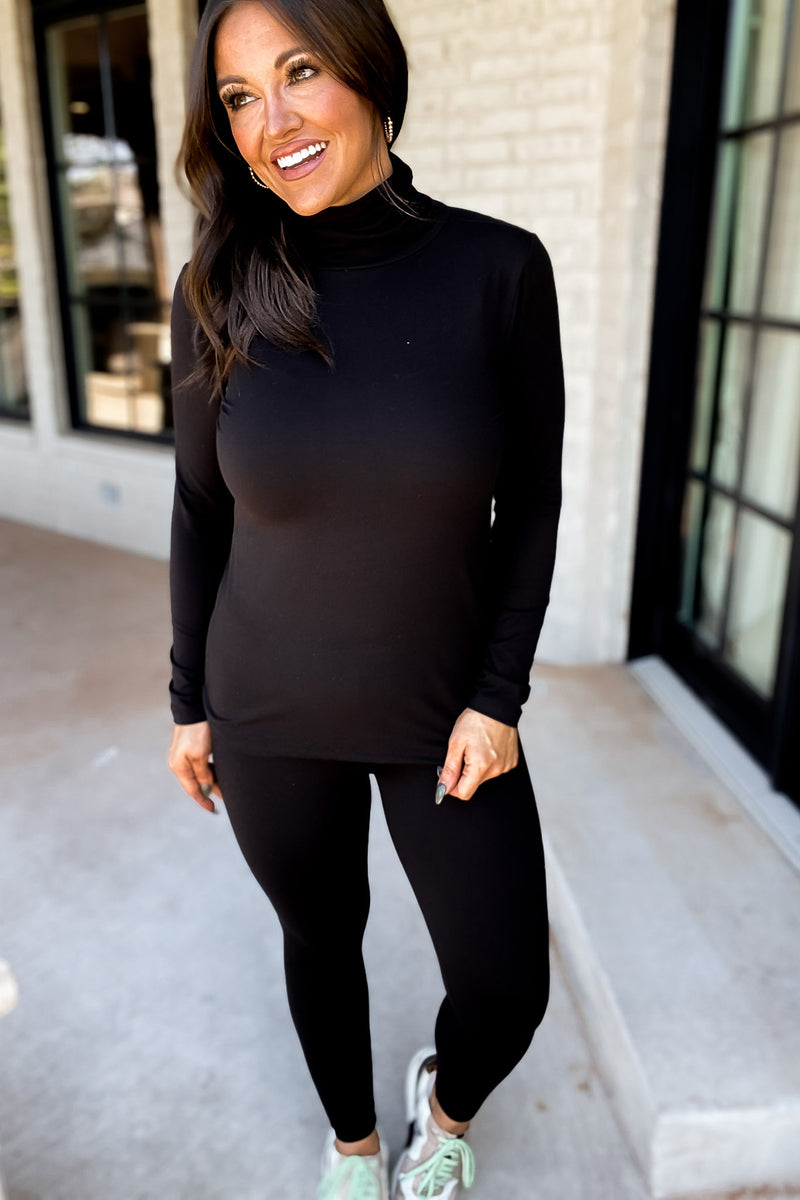 Chill In The Air Black Mock Neck Top And Leggings Set