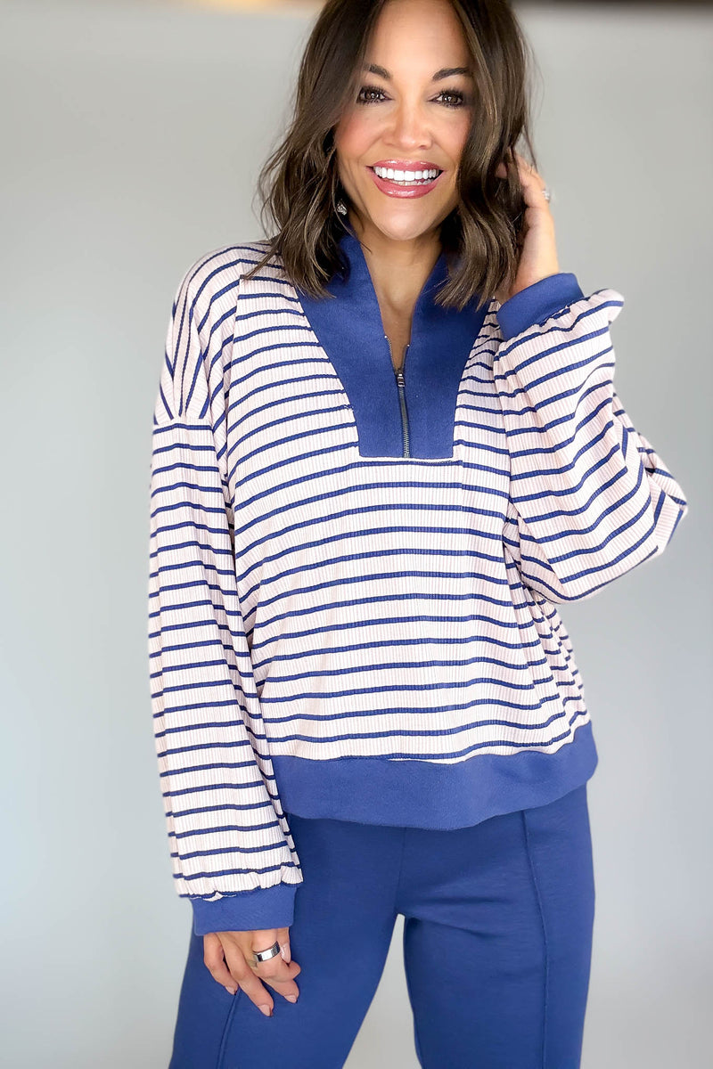 Bucketlist Blue And Pink Half Zip-up Stripe Print Pullover Top