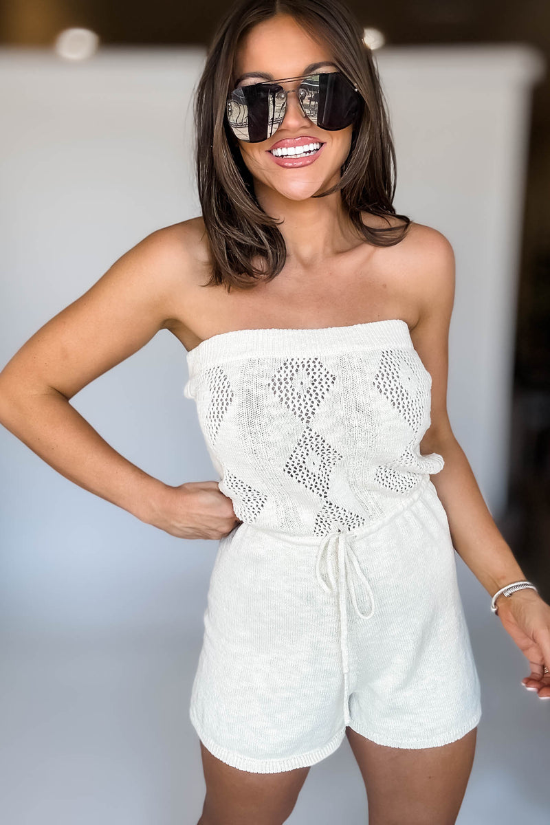 Mable Cream Strapless Crochet Knit Tube Romper