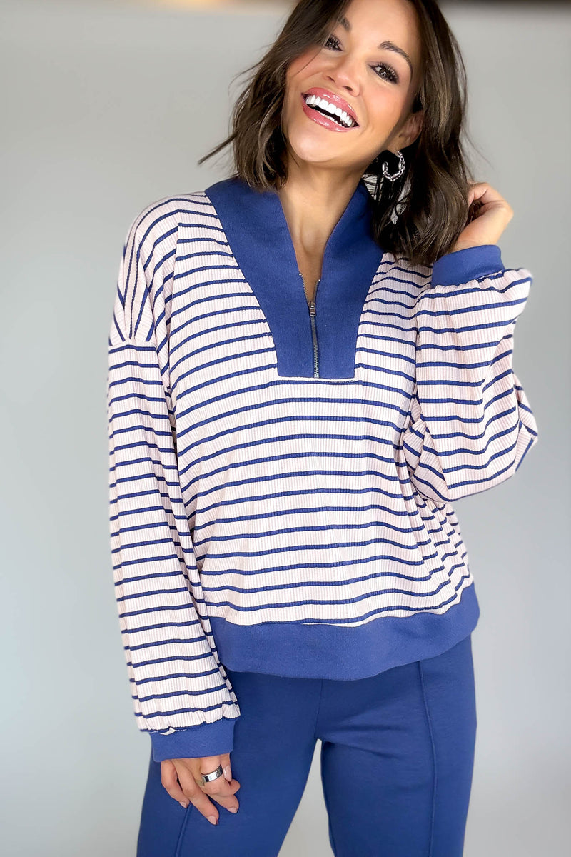 Bucketlist Blue And Pink Half Zip-up Stripe Print Pullover Top