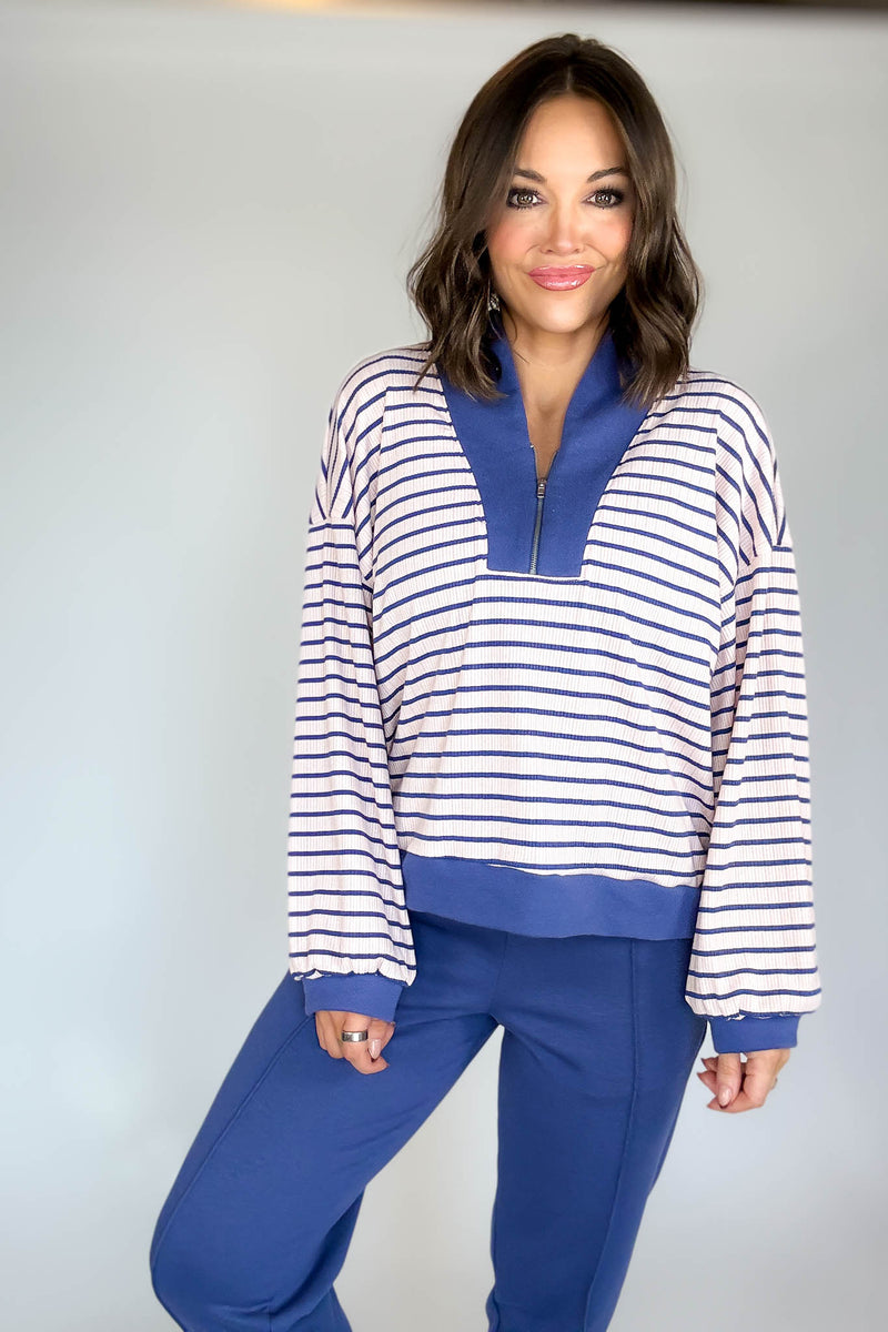 Bucketlist Blue And Pink Half Zip-up Stripe Print Pullover Top