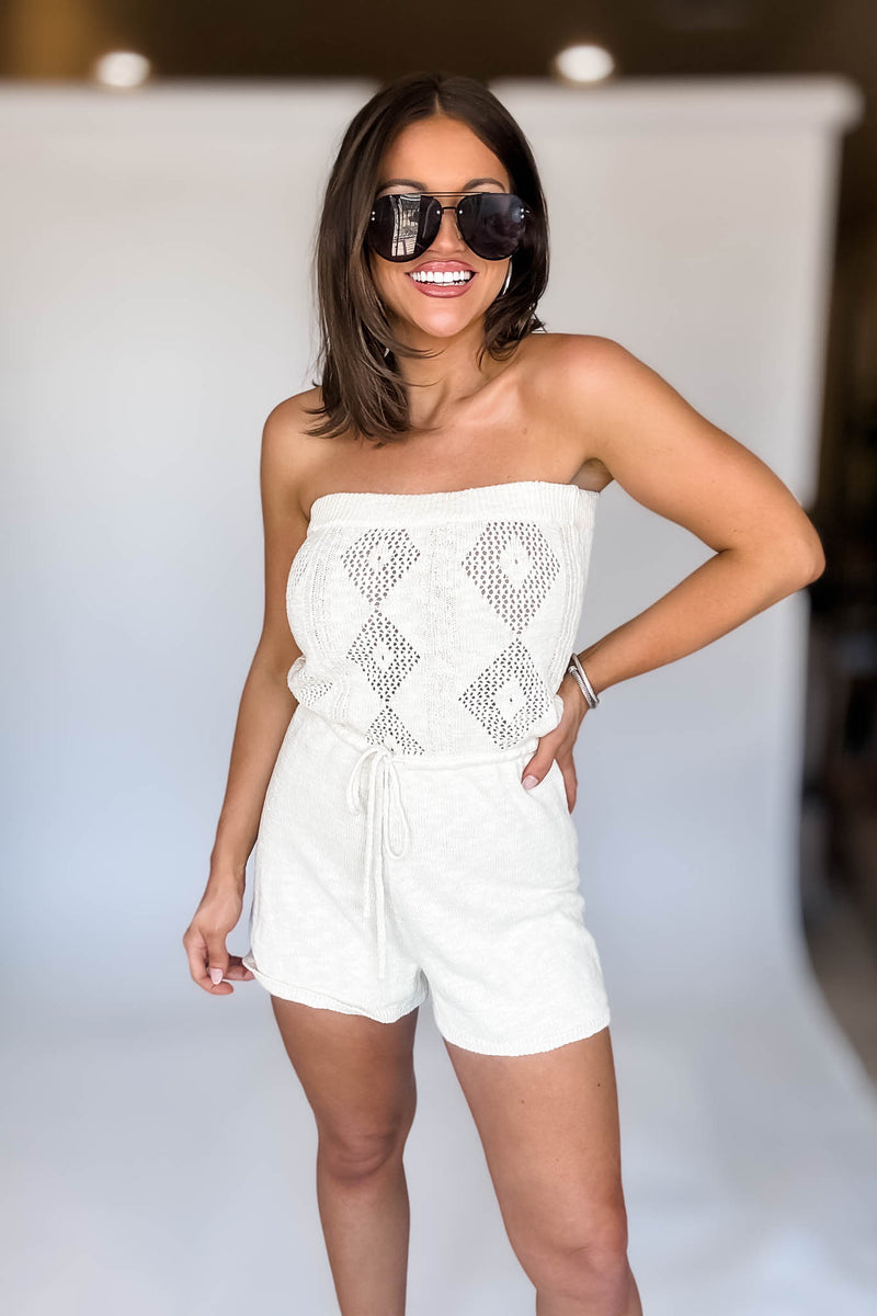 Mable Cream Strapless Crochet Knit Tube Romper