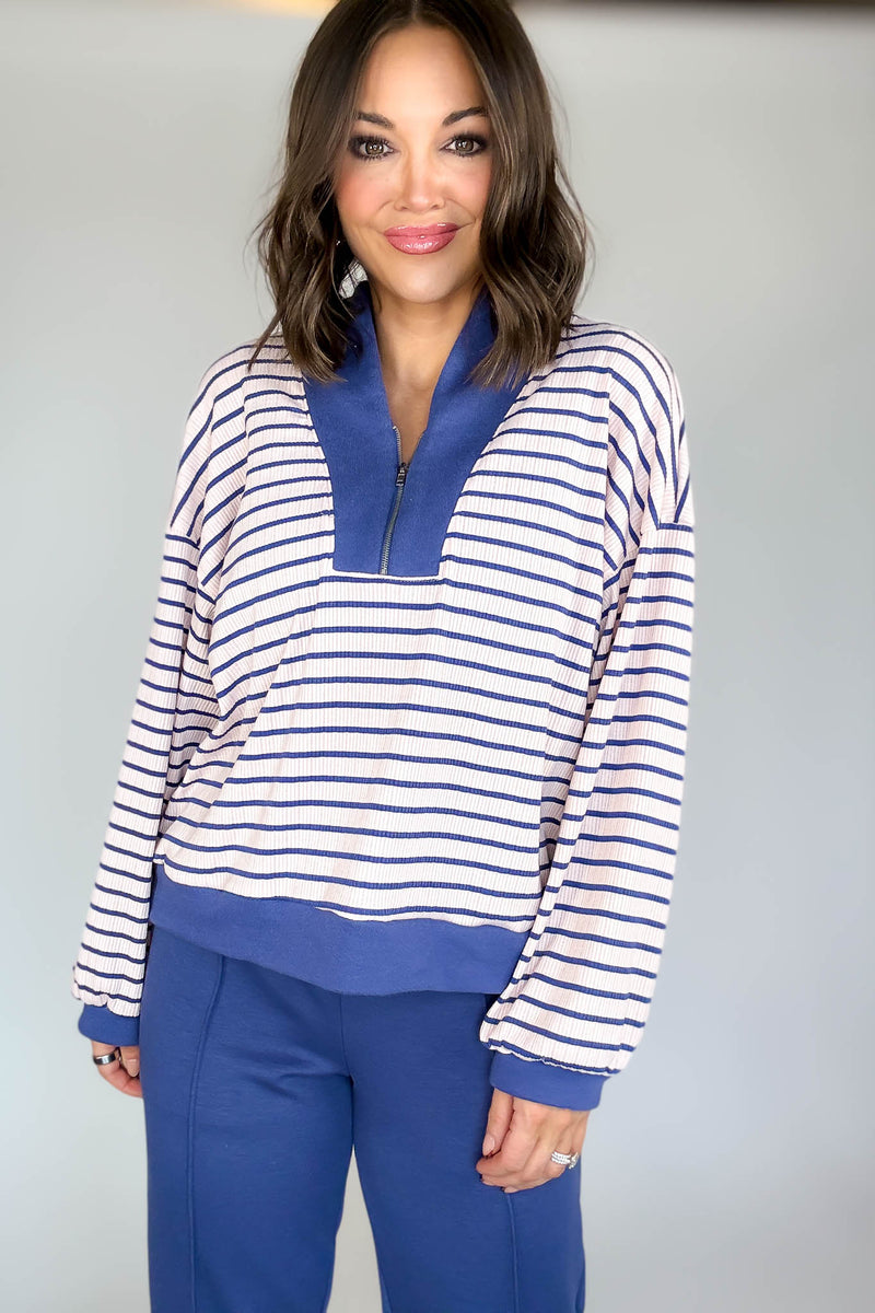 Bucketlist Blue And Pink Half Zip-up Stripe Print Pullover Top