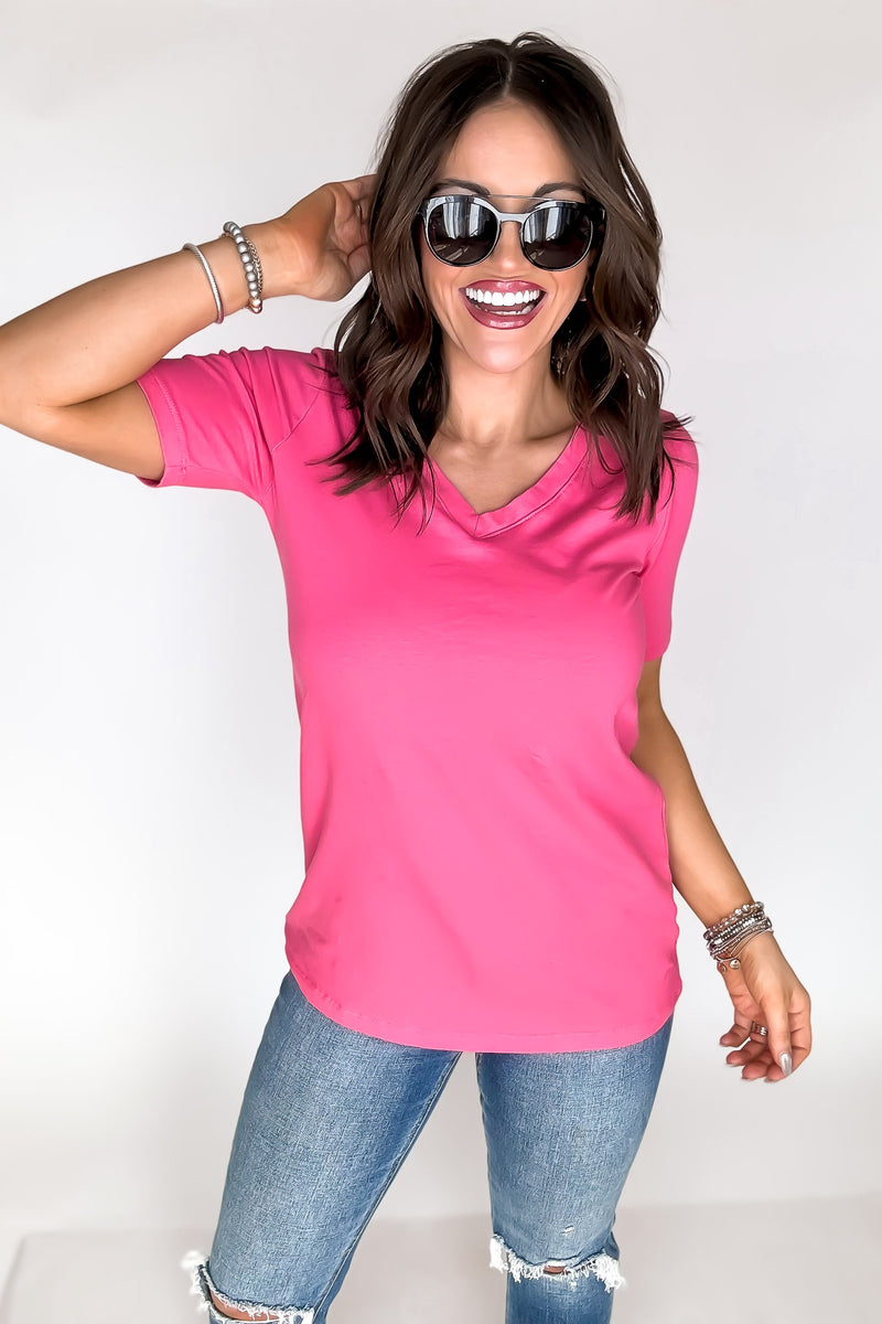 SR Basic Cotton Fuchsia V-Neck Short Sleeve Tee Shirt