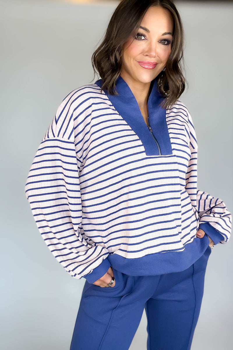 Bucketlist Blue And Pink Half Zip-up Stripe Print Pullover Top