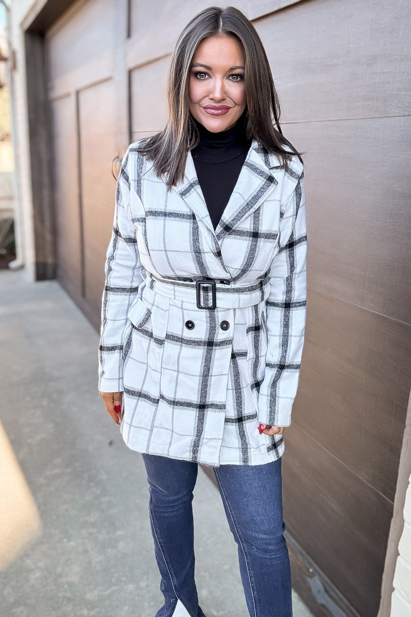 Casual Elegance Plaid Off White Belted Coat